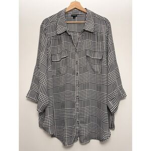Torrid Womens Black-White Houndstooth Button Up Blouse Size 3 Tie-Up Sleeve tabs